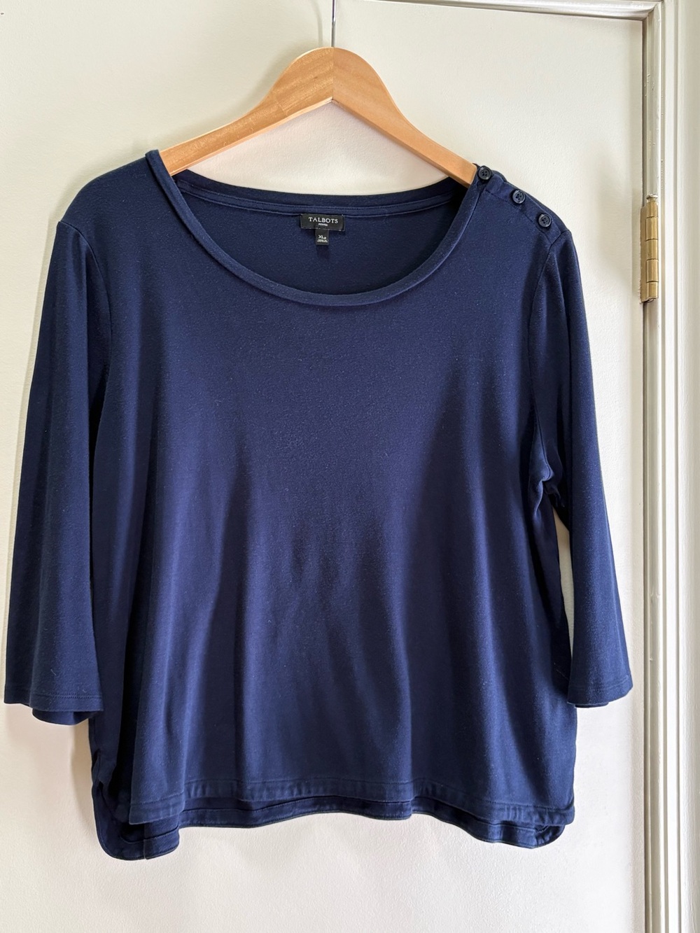 Talbots Navy Button-Shoulder Boatneck Long Sleeve Top